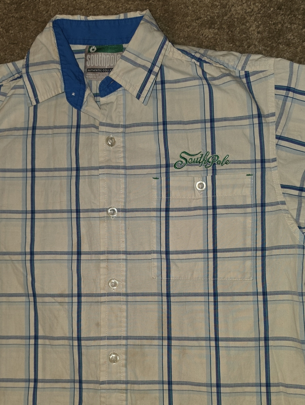 Vintage South Pole White & Blue Plaid Button-Up Shirt Boys Medium 12-14
